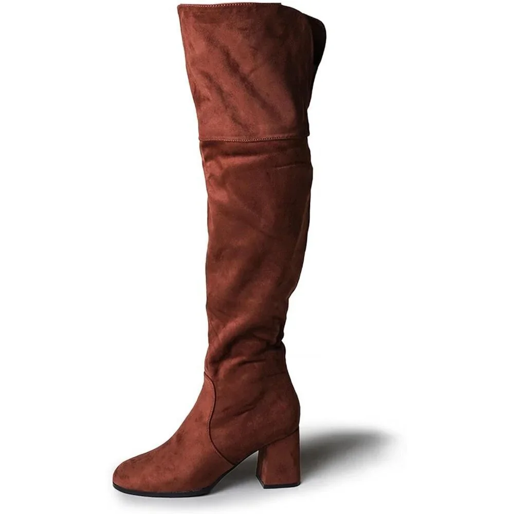 🆕J.Adams Brown Vegan Suede Over The Knee Trendy Low Block Heel Thigh High Boots